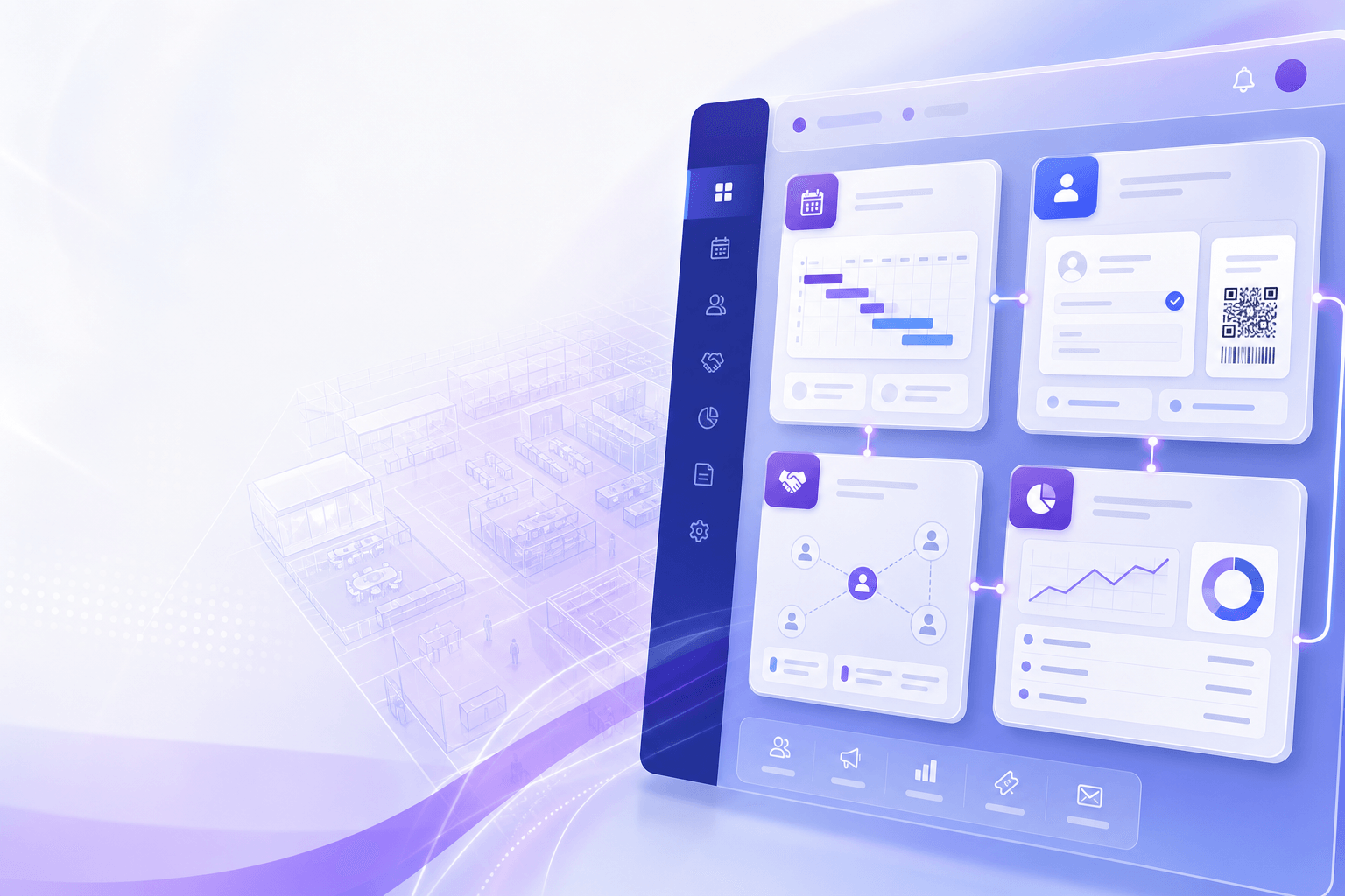 QEMENT platform modules — event, map, exhibitor, visitor, and B2B operation panels