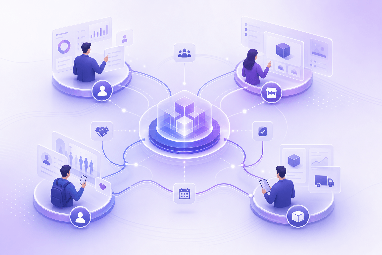 QEMENT solutions ecosystem — organizer, exhibitor, visitor, and supplier stakeholder network